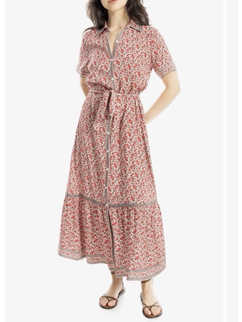 Max Studio Short Sleeve Floral Shirtdress Ecru Daisy Watermelon Color Large